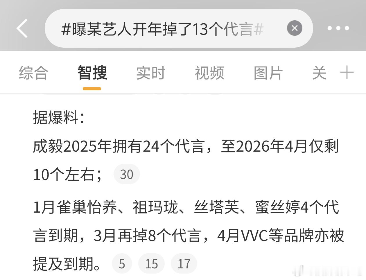 曝某艺人开年掉了13个代言智搜直接公布答案了，🌊弄这个还挺方便的，不需要去猜