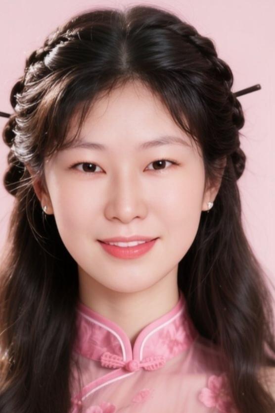 甜美少女风，粉色旗袍，优雅发髻，温柔微笑