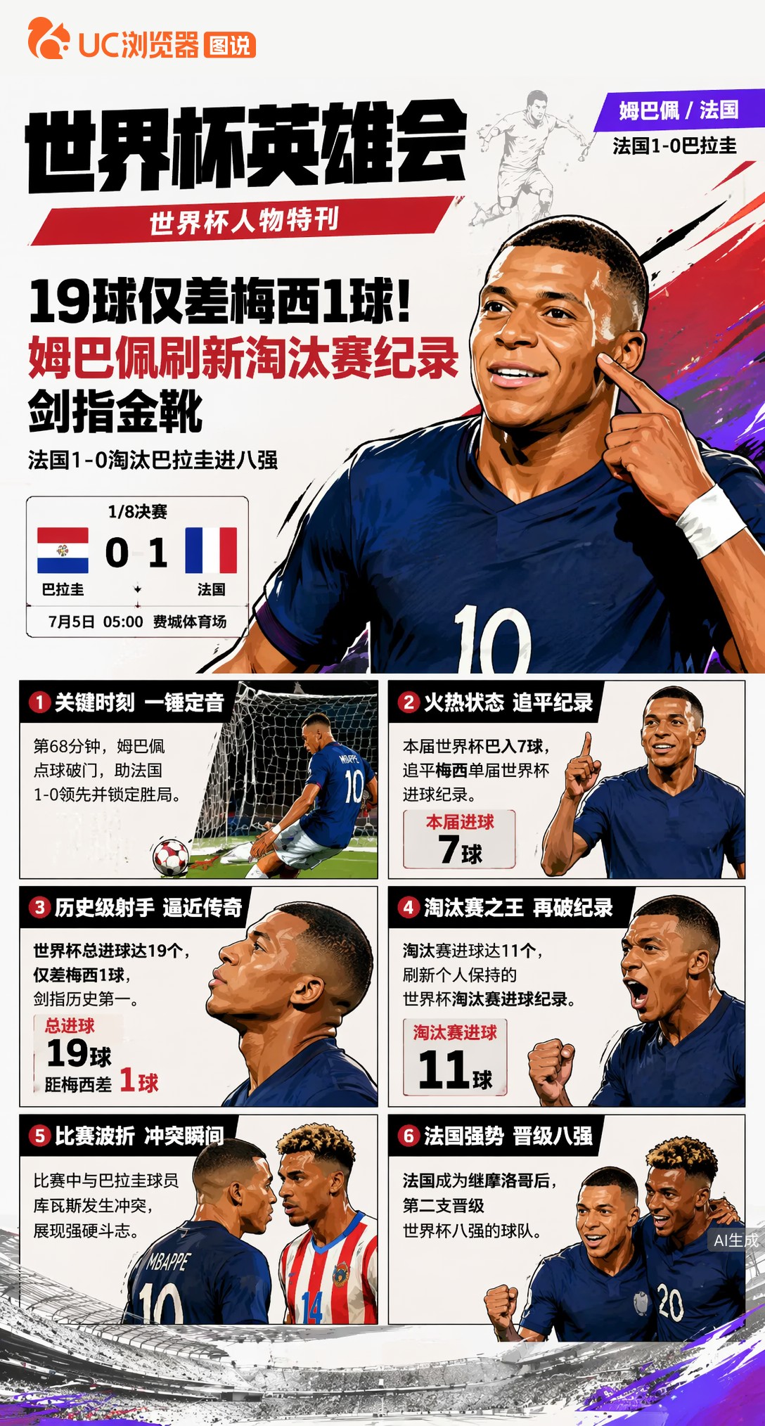 19球仅差梅西1球！姆巴佩刷新淘汰赛纪录剑指金靴