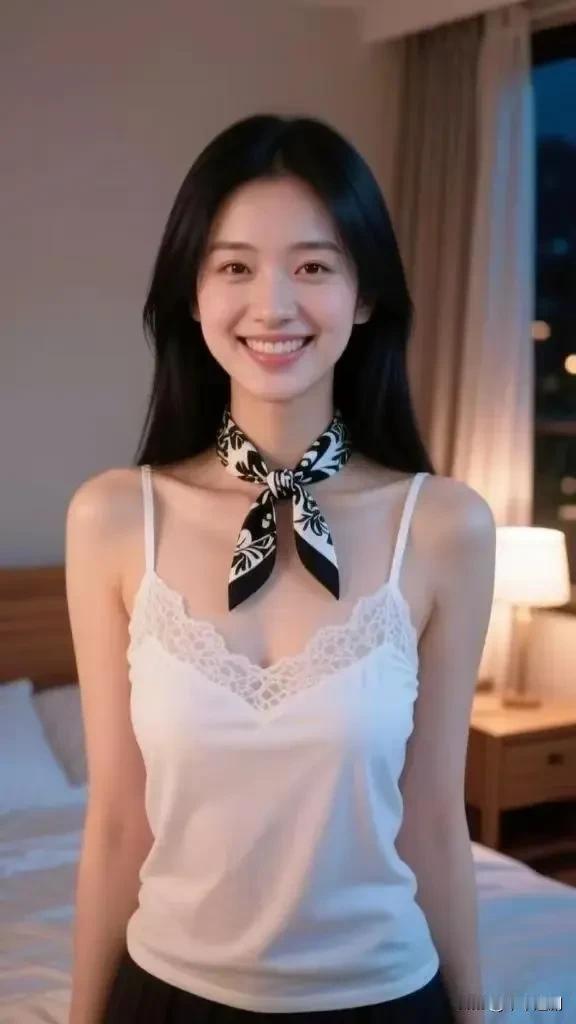 白蕾丝吊带揉着慵懒的居家氛围，黑白丝巾系出随性精致，笑容绽放时满是清甜的治愈感