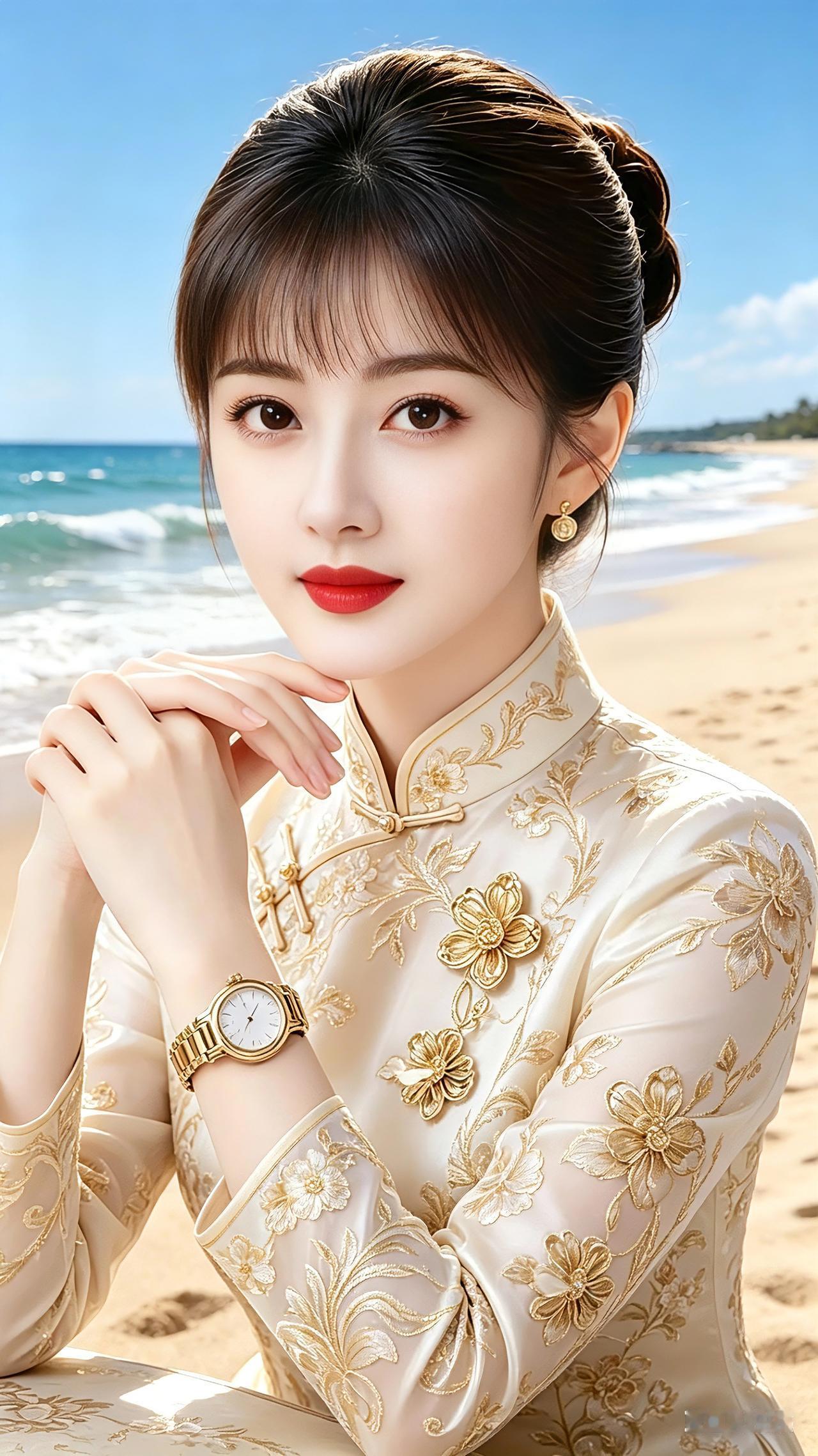 戏作小诗碧海沙滩映长天，金绣旗袍衬俏颜。云鬓轻挽眉目甜，朱唇一点惹人怜。
