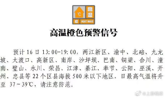 【#重庆连续发布高温橙色预警信号#】#重庆22个区县日最高气温或升至39℃#8月