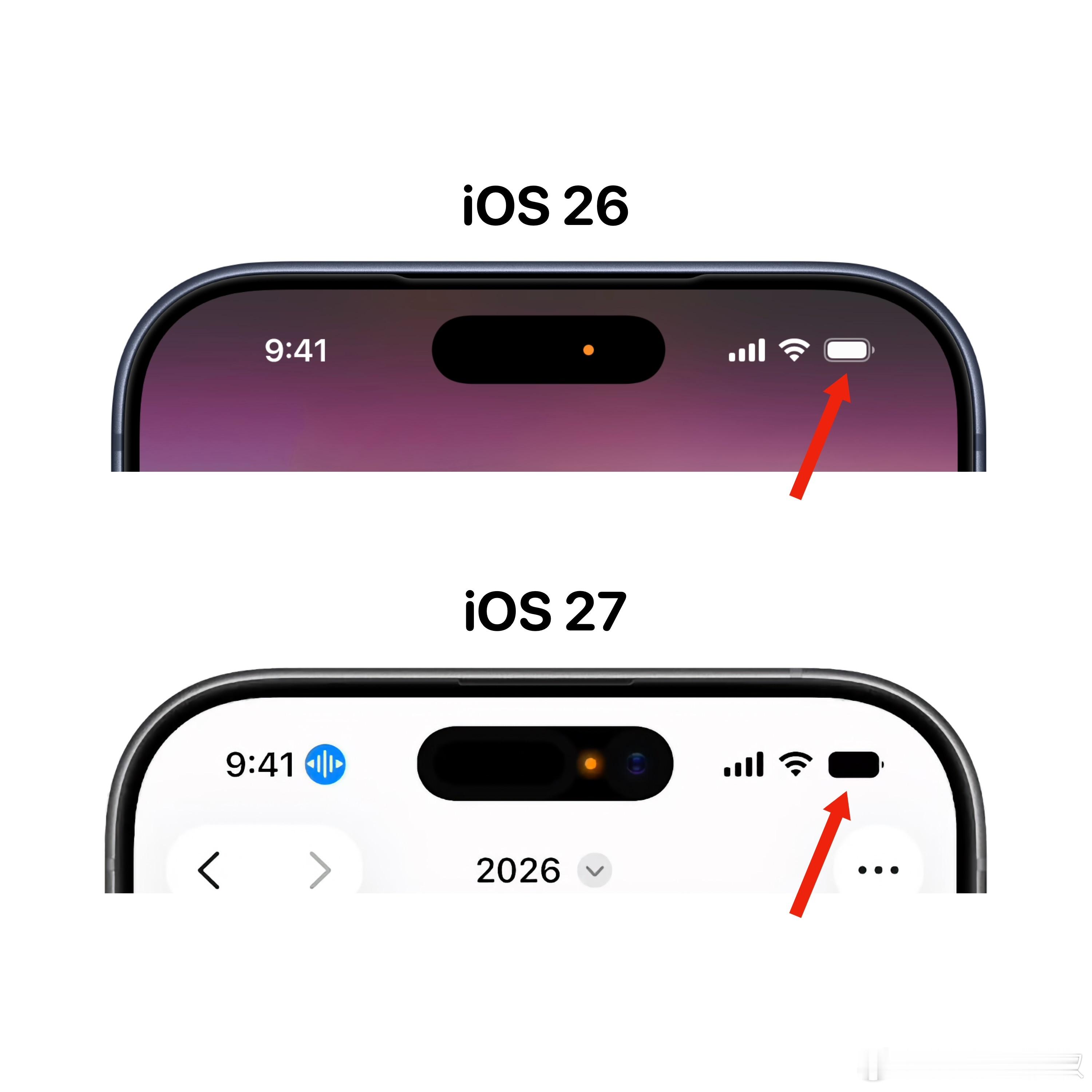 首先你会看到iOS27的第一大特征电池图标又变了…
