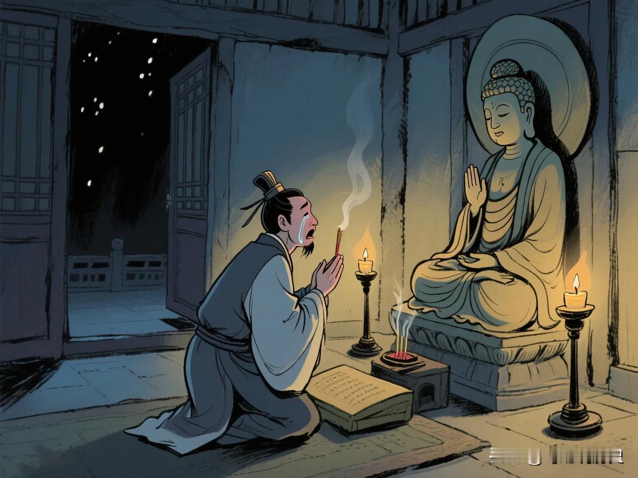 齐明帝萧鸾有一个诡异的癖好，每逢夜深人静，独自来到佛堂里焚香诵经、失声痛哭。然而