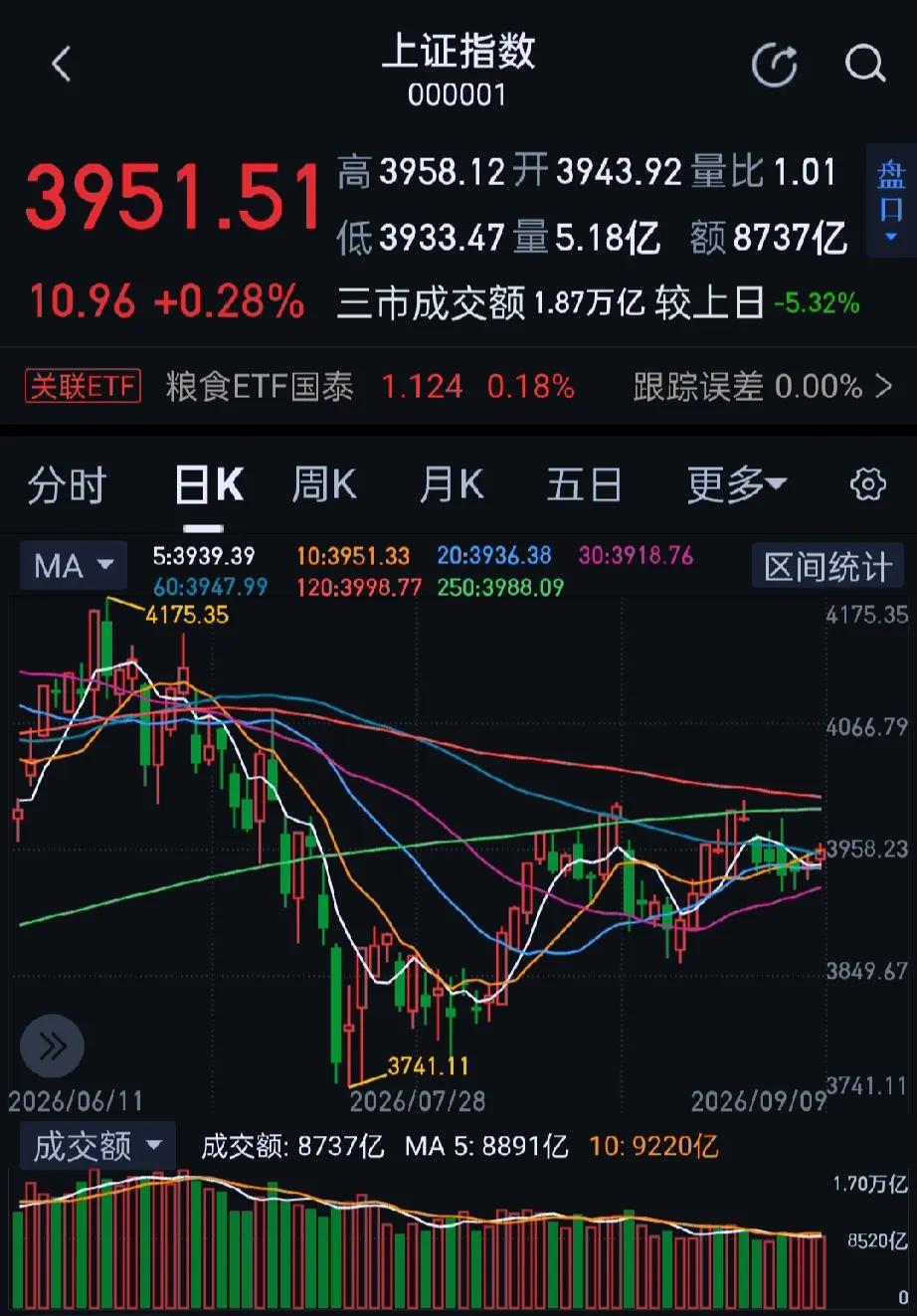 今日大A三大指数涨跌不一，沪指走势较强，科创50指数高开低走。沪深两市成交额1.