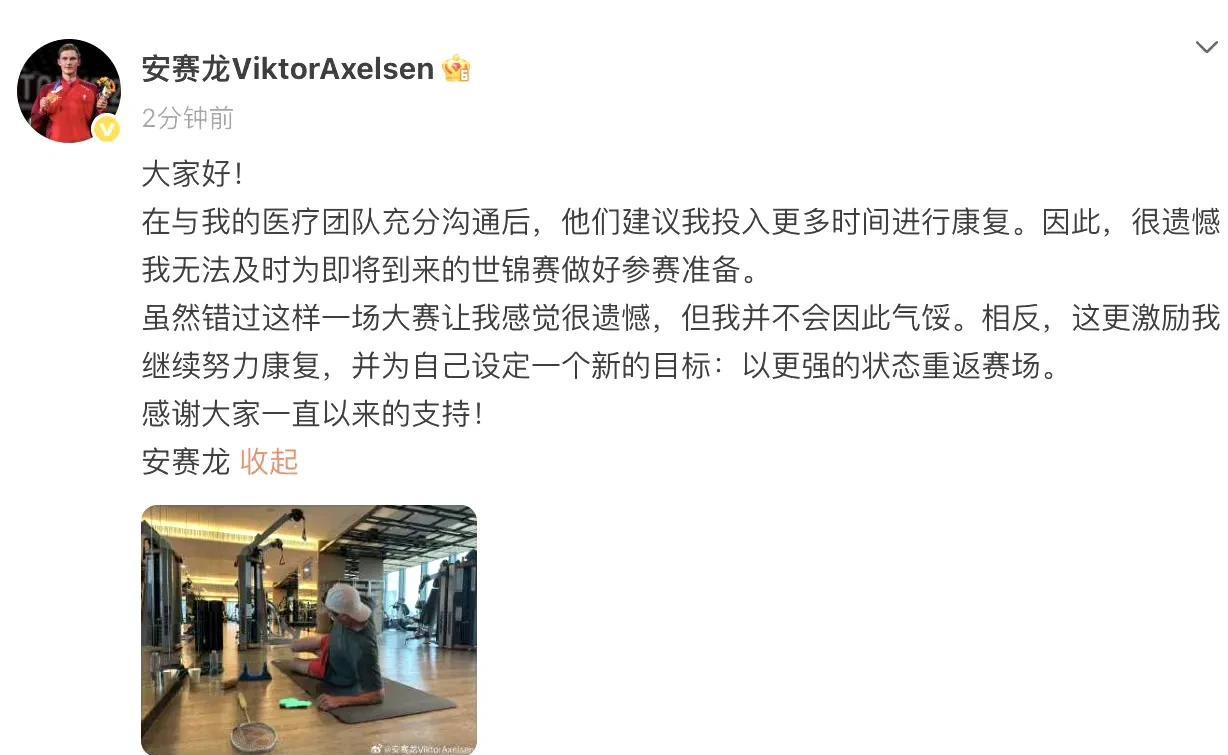 万万没想到，安赛龙世锦赛退赛了，这下好了，国羽男单夺冠的难度降低了很多，石宇奇、