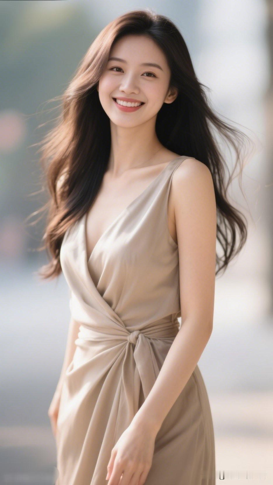 优雅气质，浅棕色连衣裙，微笑的美丽瞬间。分享甜美小姐姐随手拍