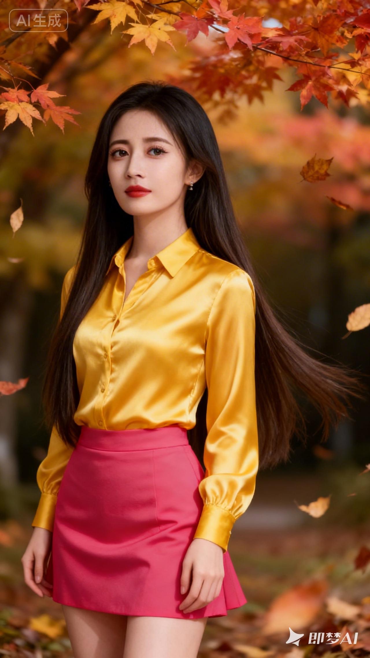 秋日暖阳下，黄衫红裙，美如画卷