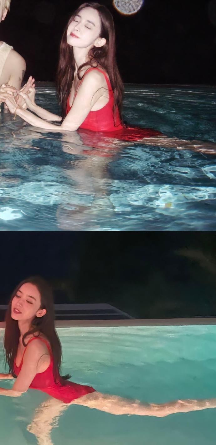 娜扎在泳池里显得好大啊