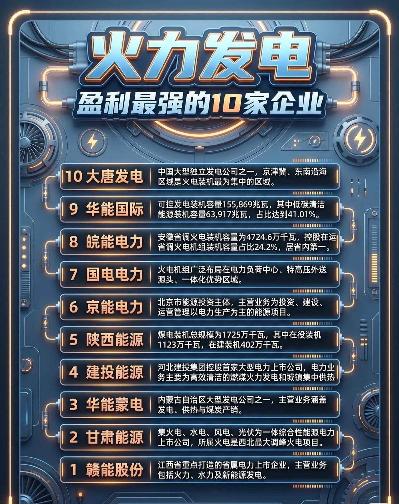 火力发电盈利最强的10家企业名单来了！📊随着电力保供需求持续旺盛，火电板块