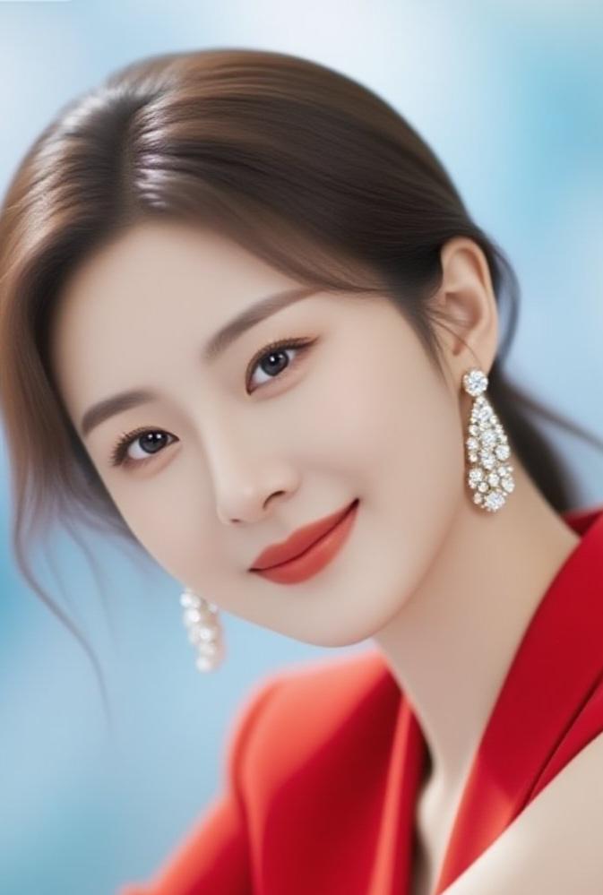 优雅红裙，闪耀耳饰，温柔微笑，气质动人。