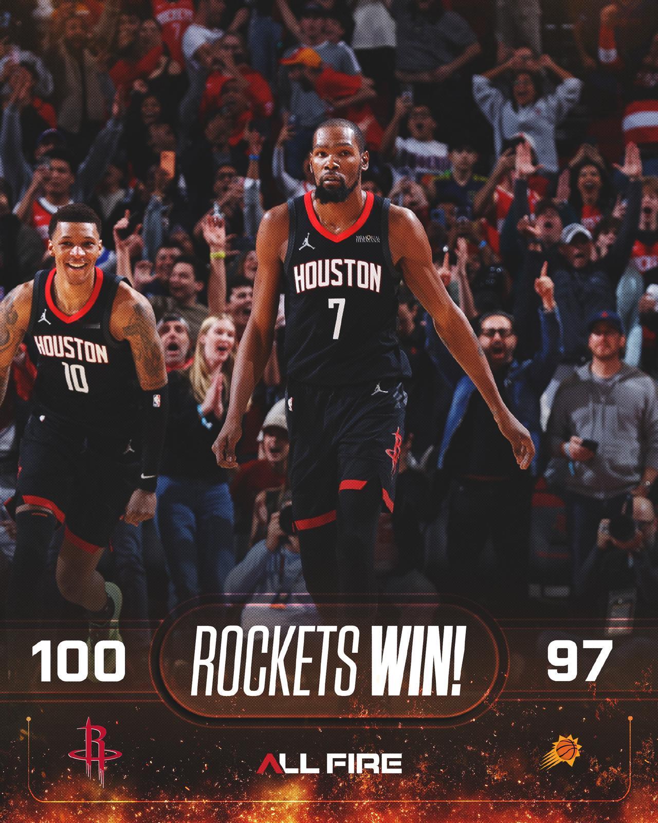 恭喜火箭，凭借杜兰特最后那个三分，火箭在主场艰难赢下太阳，排名反超湖人和掘金，暂