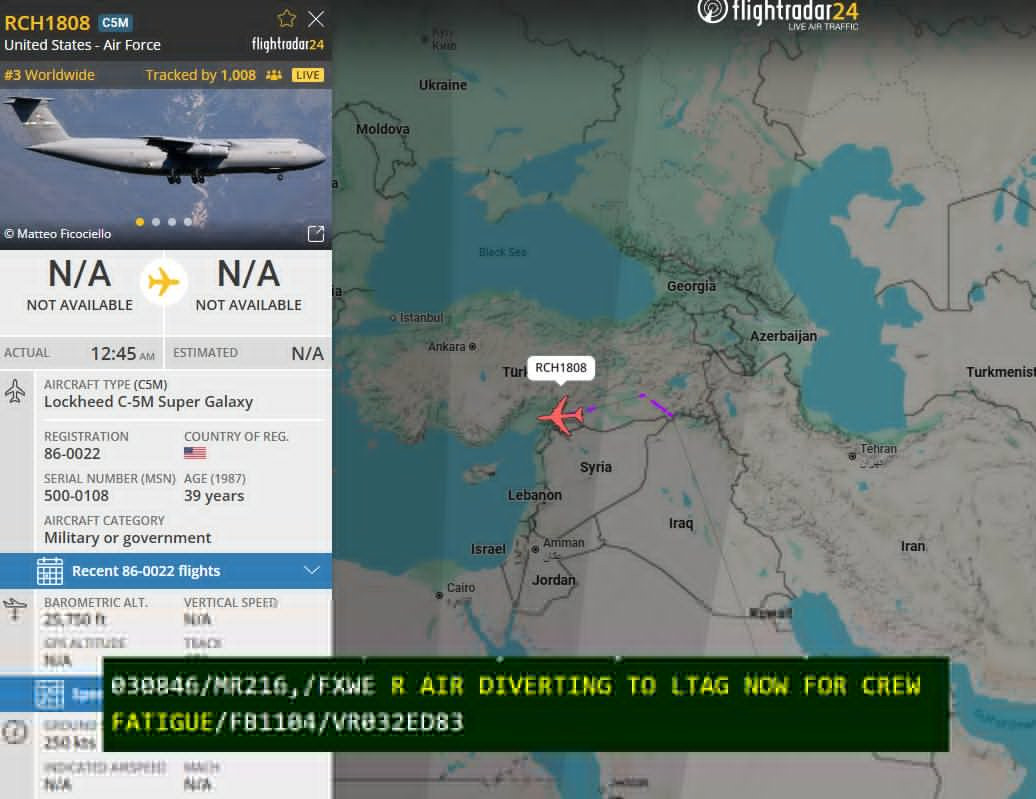 🔻因为机组过于疲劳，一架原定飞往中东的美军C-5银河大型运输机被迫改道在土