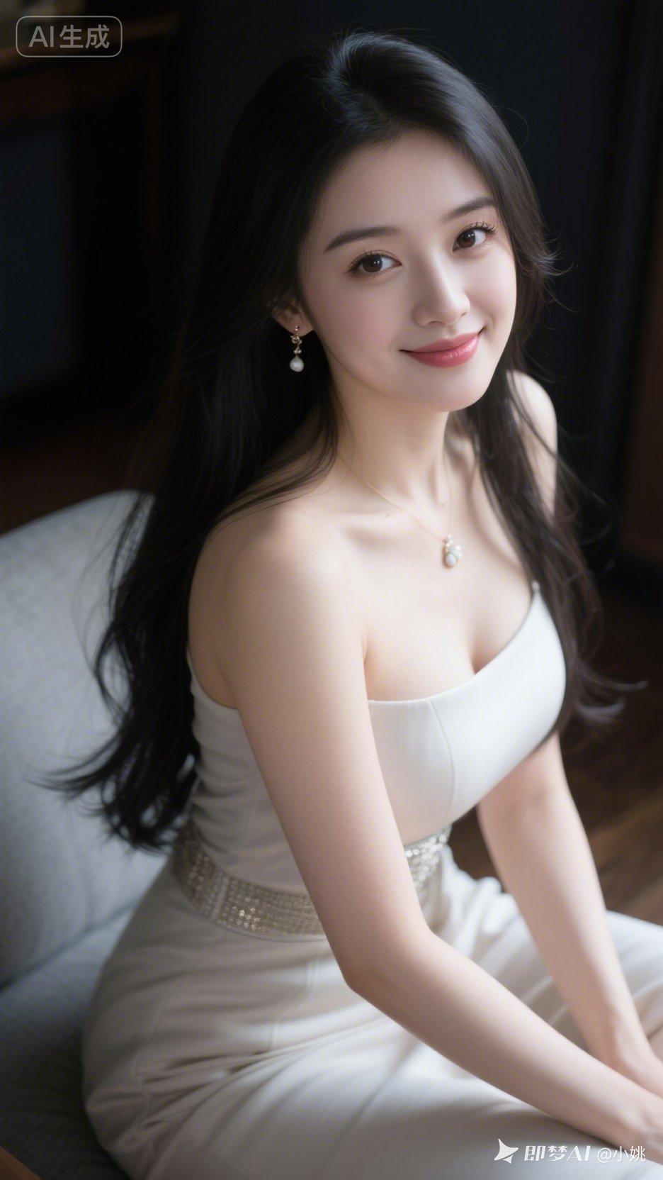 绝美清纯佳人，肤白如玉眸清似水，眉眼温婉长发飘逸，身姿曼妙曲线动人。简约雅致穿搭