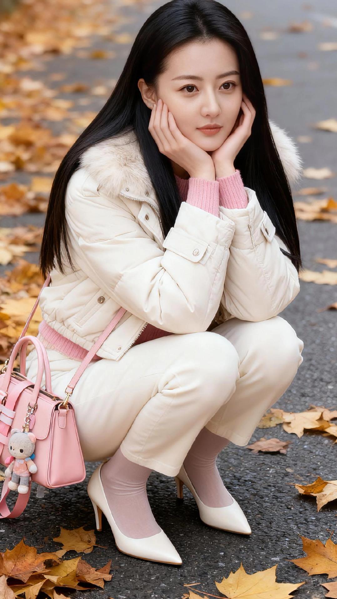 秋日暖阳下，少女蹲坐落叶中，温柔可人。