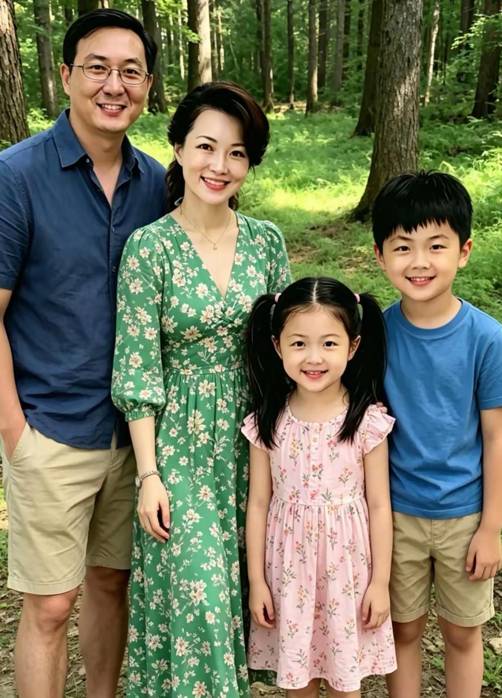 这一家四口的笑容，是把春天揣进怀里了吧！你看这画面也太暖了！妈妈穿的绿碎花