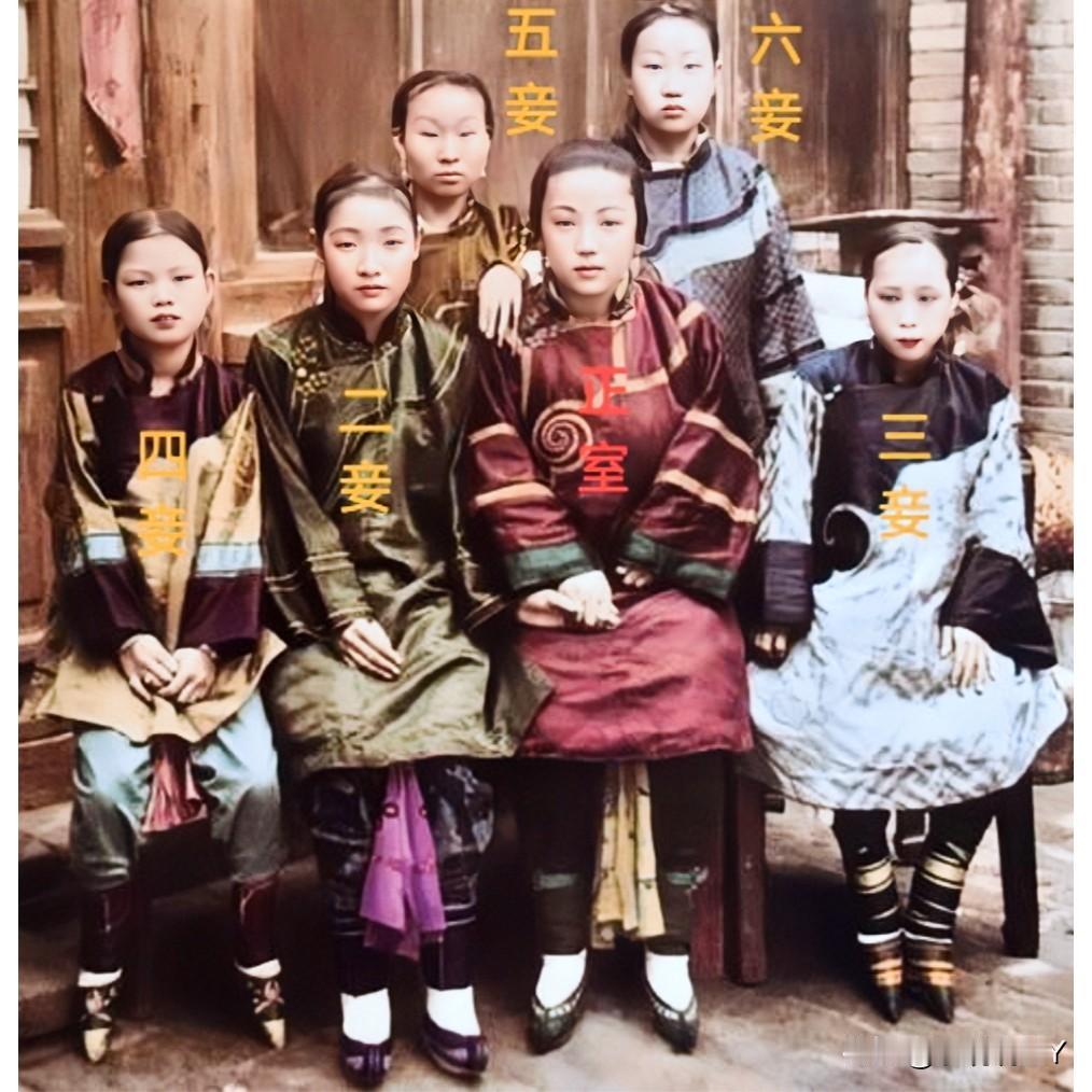 清末时期一地主老财六位太太的合影，个个颜值都很高，特别是这位正室，真是貌美如花啊