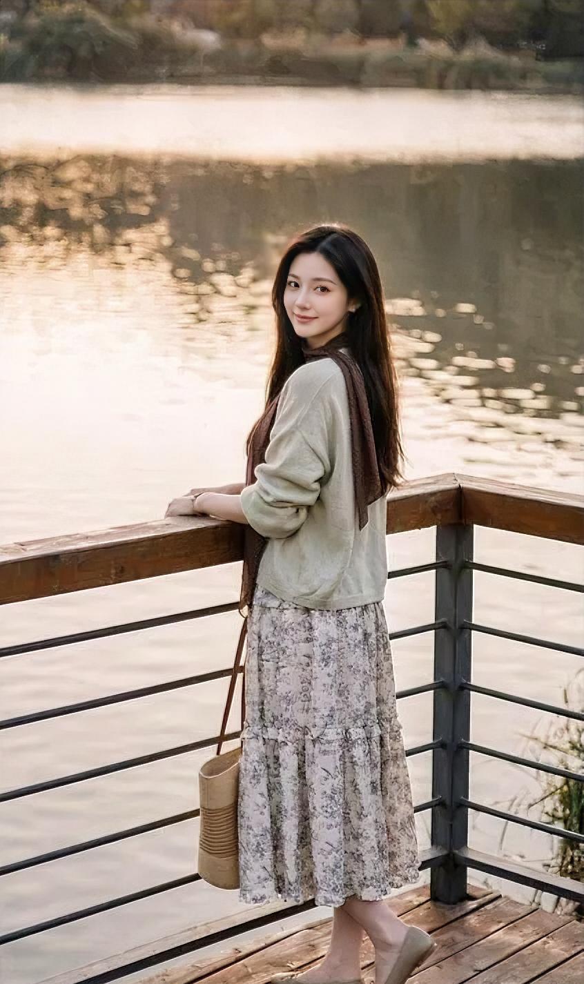 《波光里的回眸》一袭浅绿与碎花，轻挽湖畔的晚风。长发垂落木栏旁，