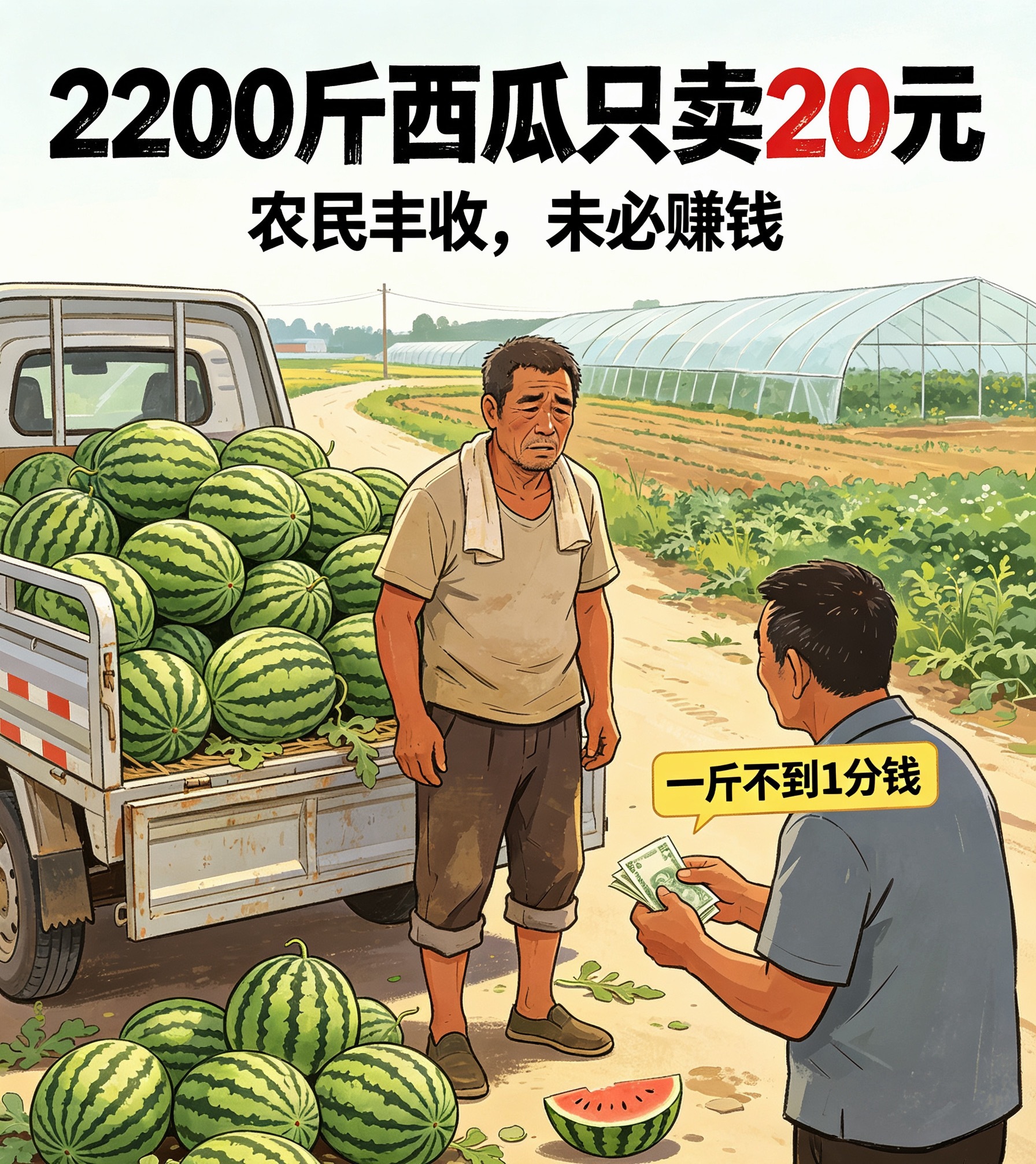 瓜农2200斤西瓜收瓜贩仅出价20元河南瓜农两千两百斤西瓜，收购商整车出价才20