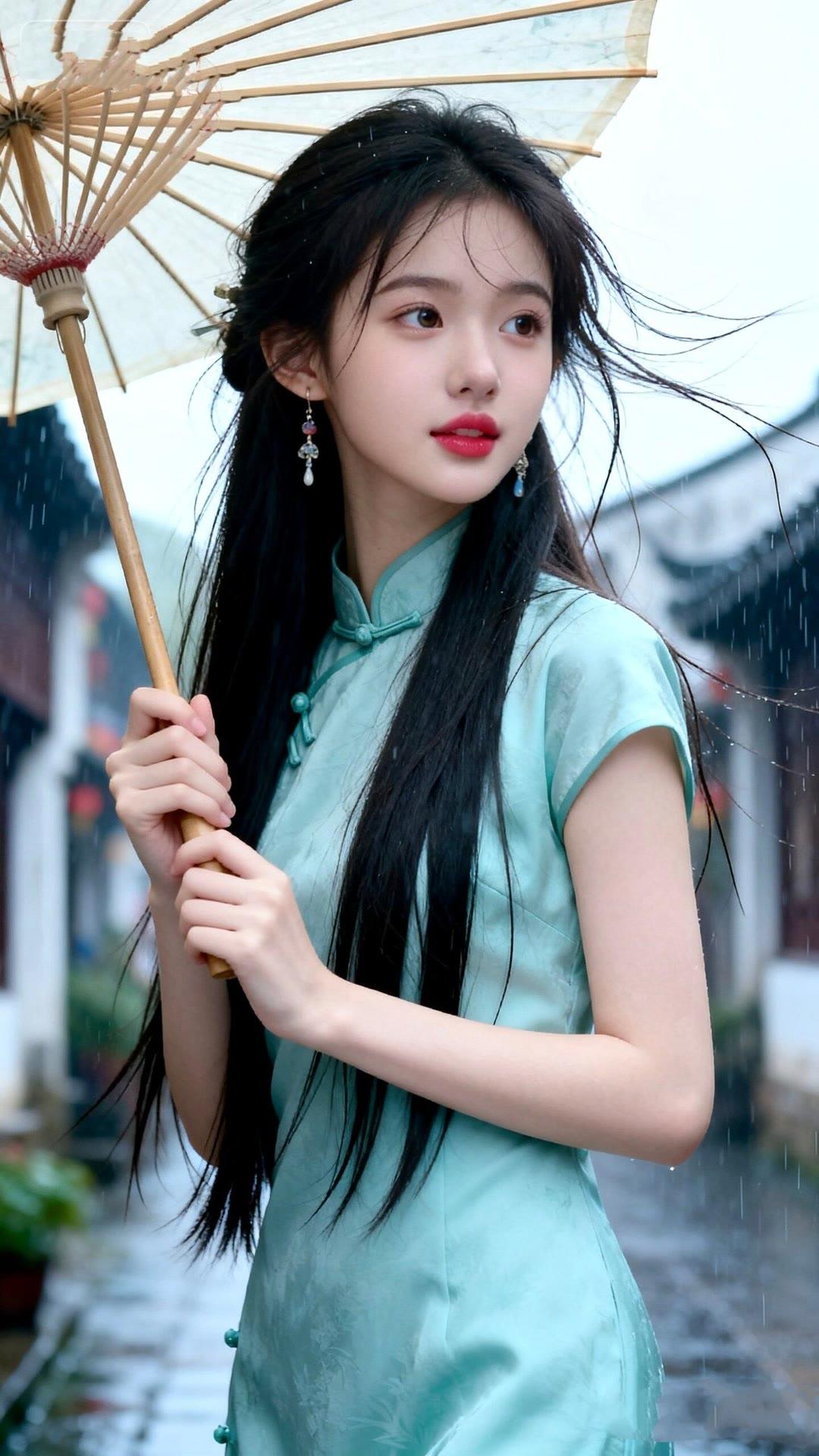 青衣撑伞立，雨中韵自生。
