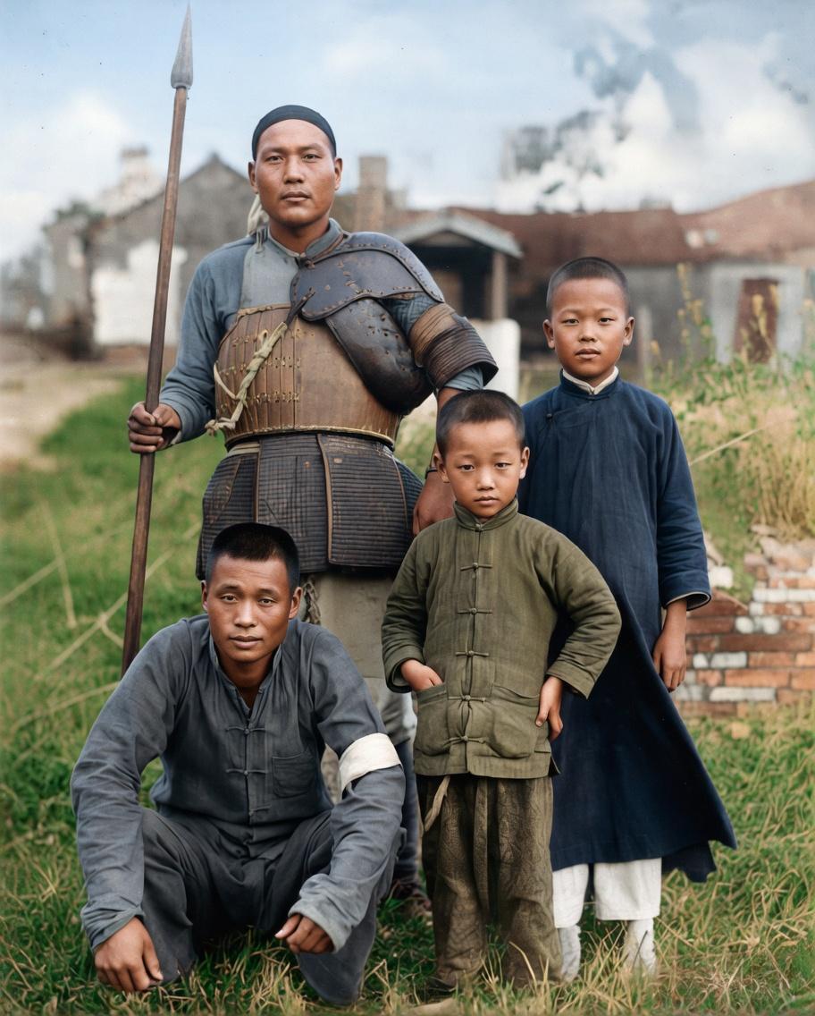 这张照片记录下这样一幕，一名汉奸带着两名孩童与日本兵合影，日军身着训练服饰、手持