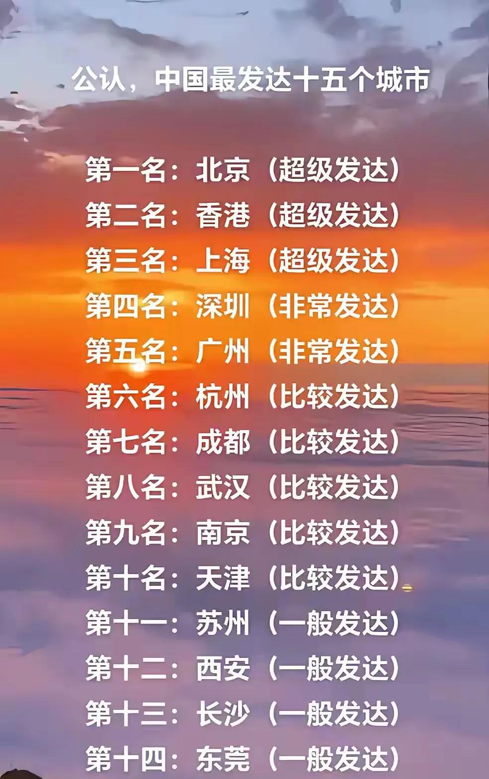 世界公认的中国最发达的十五个城市，有三个超级发达城市，有两个非常发达城市，有五个