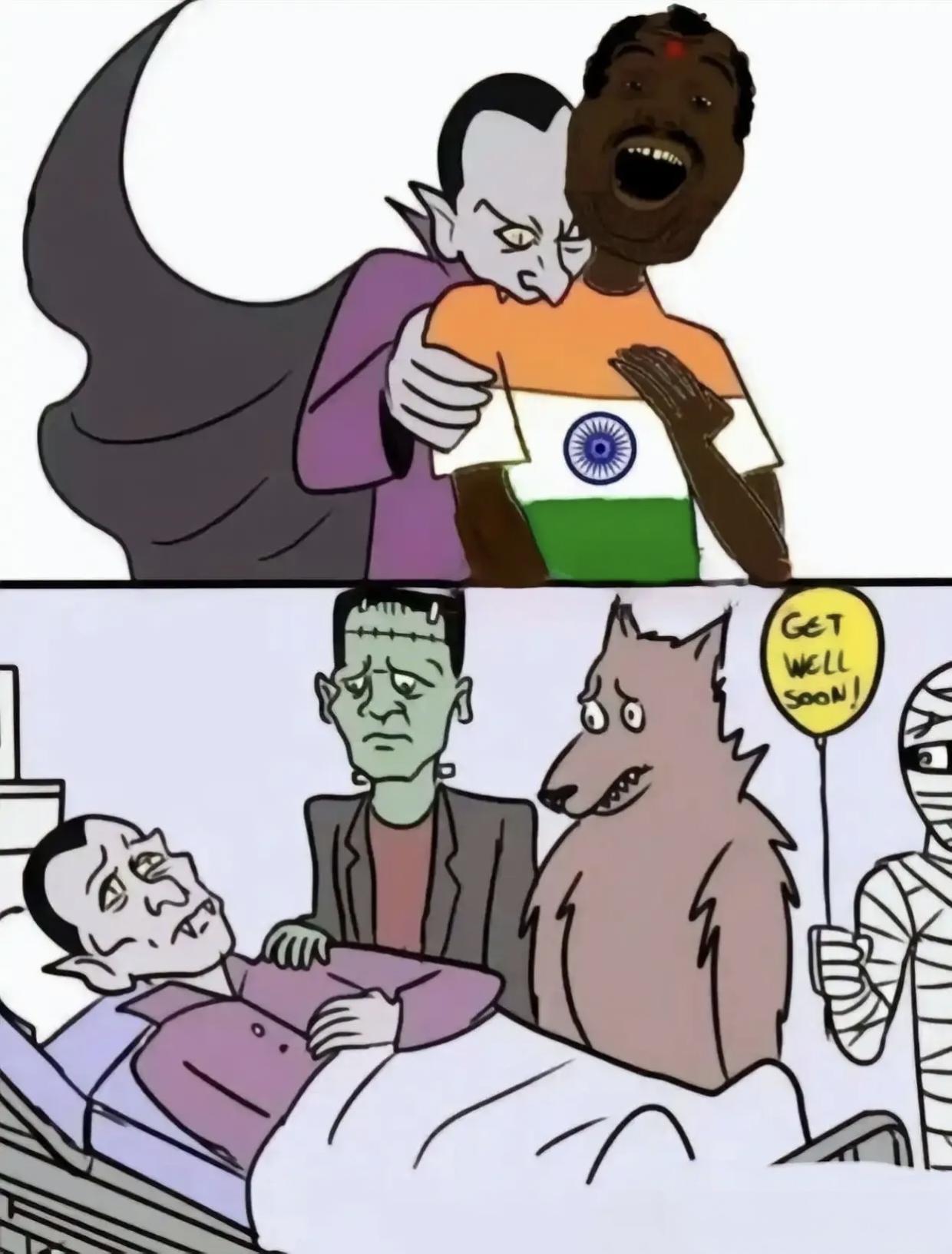 三哥看到要抓狂，这漫画也太损了，但真的笑到打鸣！吸血鬼偷袭穿印度国旗T恤的三哥，