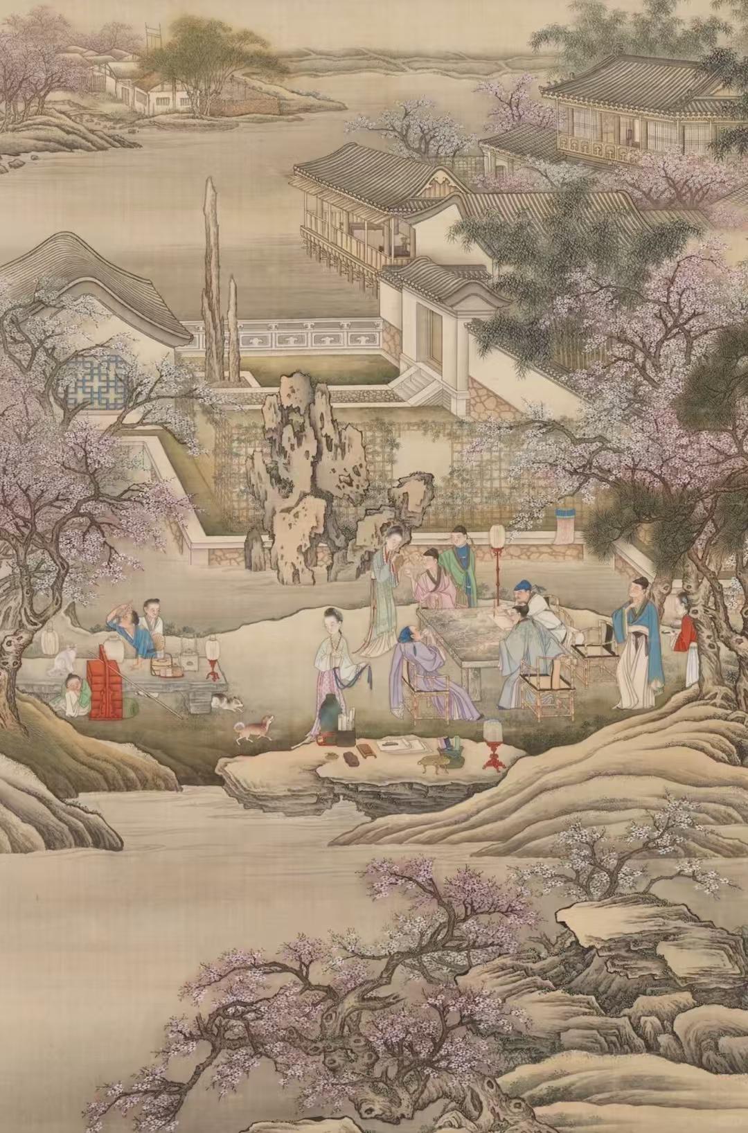 【古代的“小长假”都是怎么过的？|清代冷枚《春夜宴桃李园图》】画面中心的庭院中