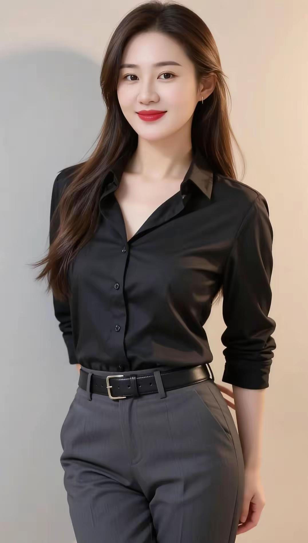 优雅职场风，黑色衬衫+灰色西裤，自信满满！职场装如何更显瘦更干练?