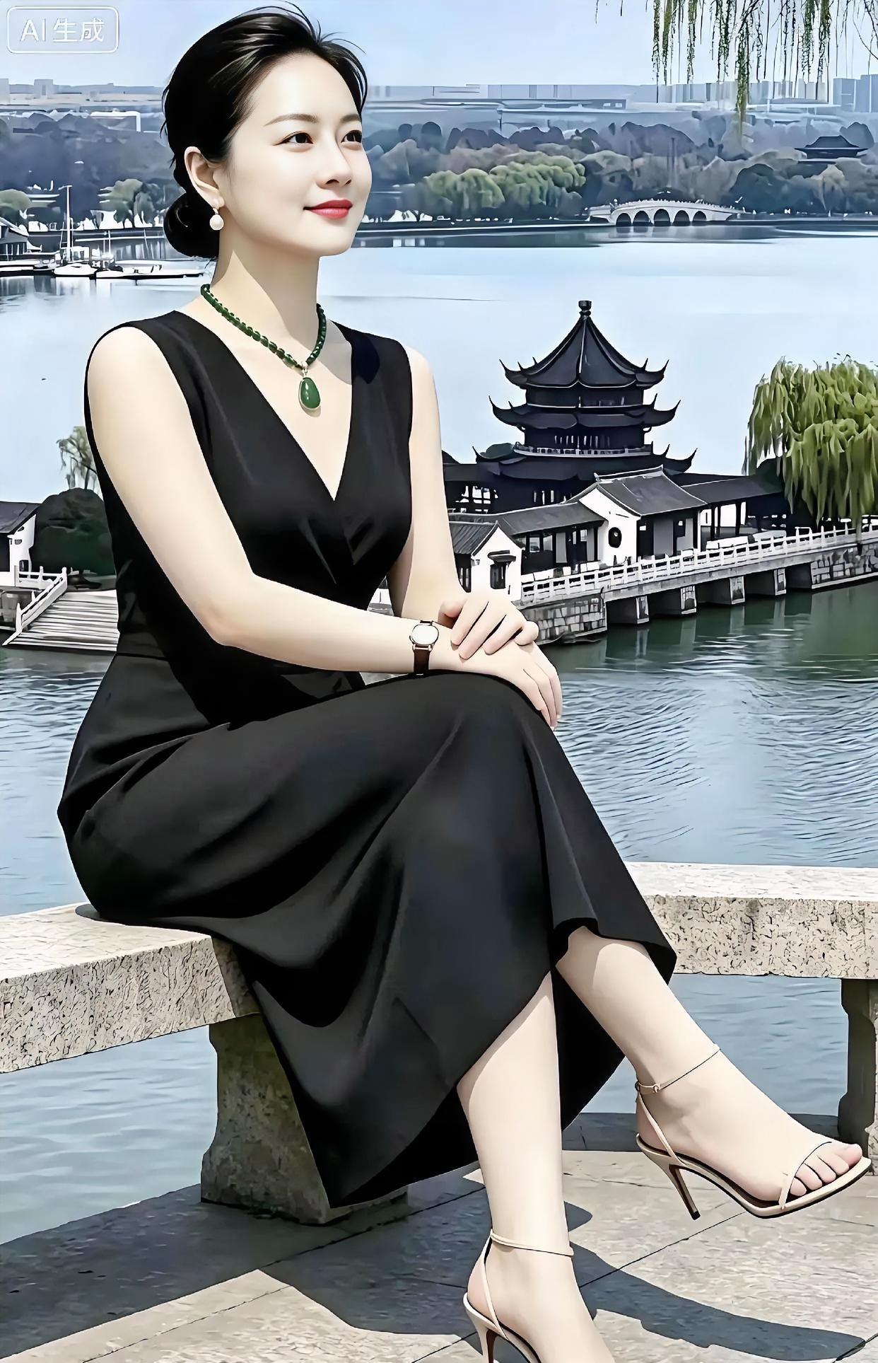 《湖山独坐》黑裙垂顺，V领轻扬，翡翠凝绿，珠坠耳旁。高跟微步，石阶闲