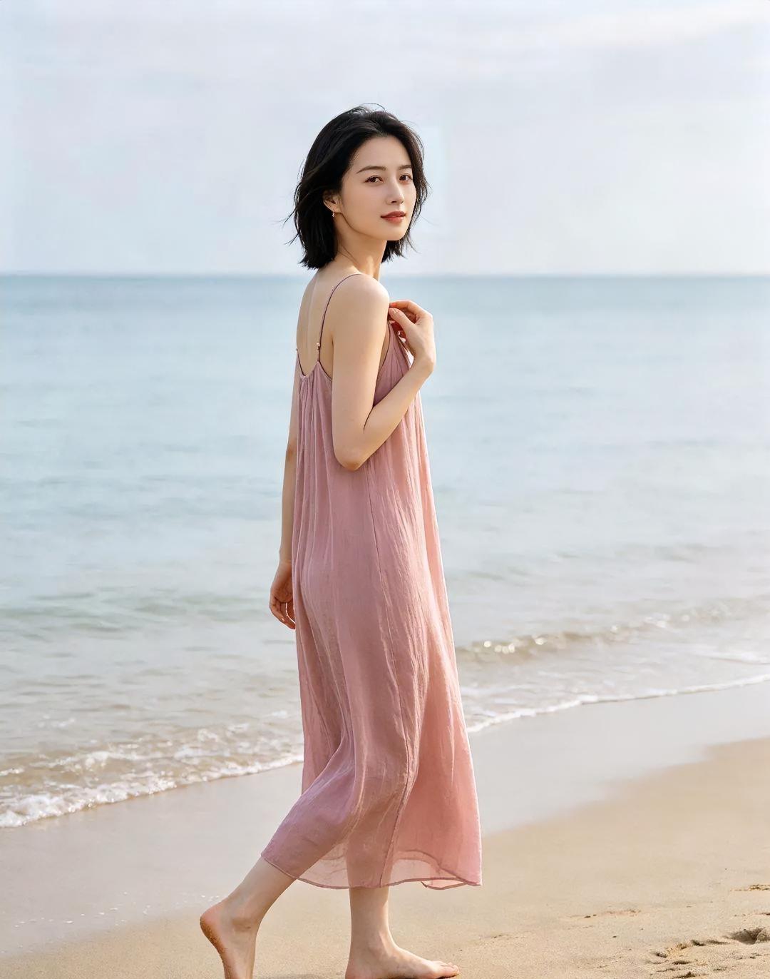 海风掀动粉色的裙边赤脚踩进细软的光浪花在身后，轻轻叠成诗行你回眸一笑