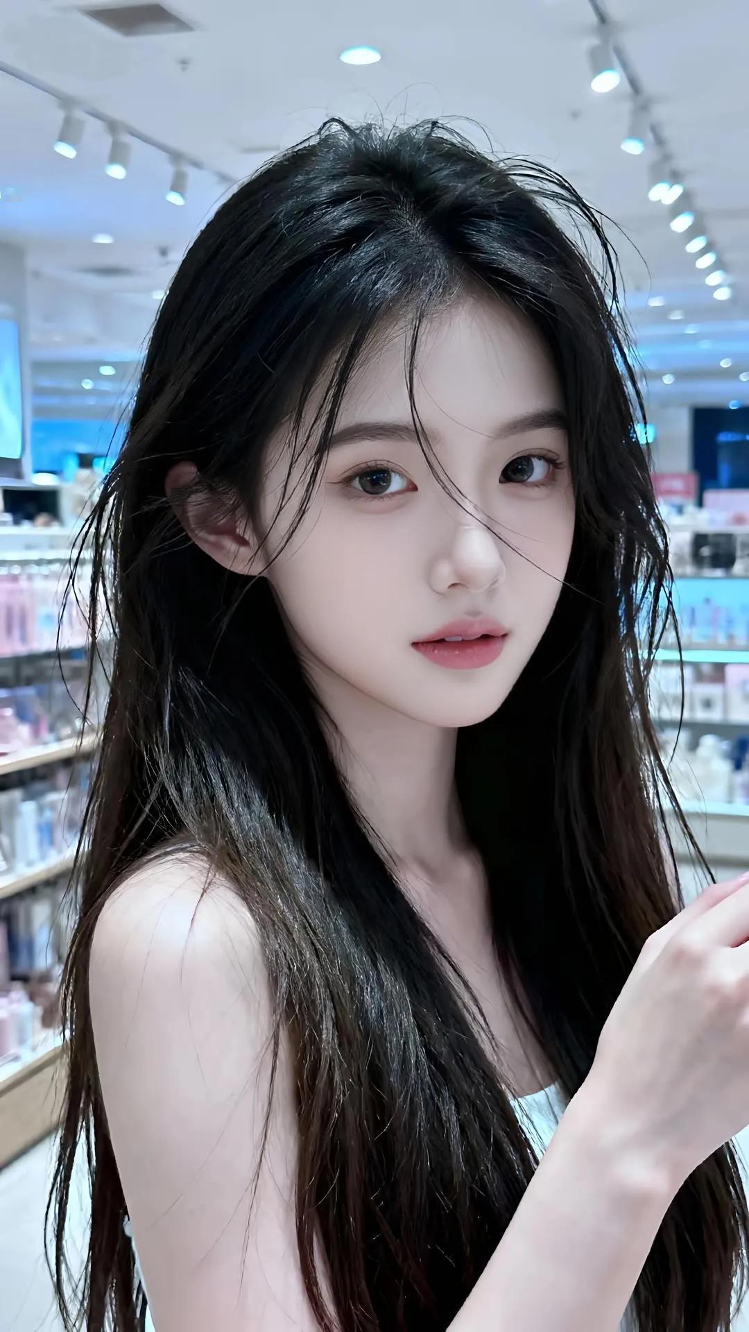 夜晚街头的少女，黑发白衣，静谧而美丽。街拍高清美女