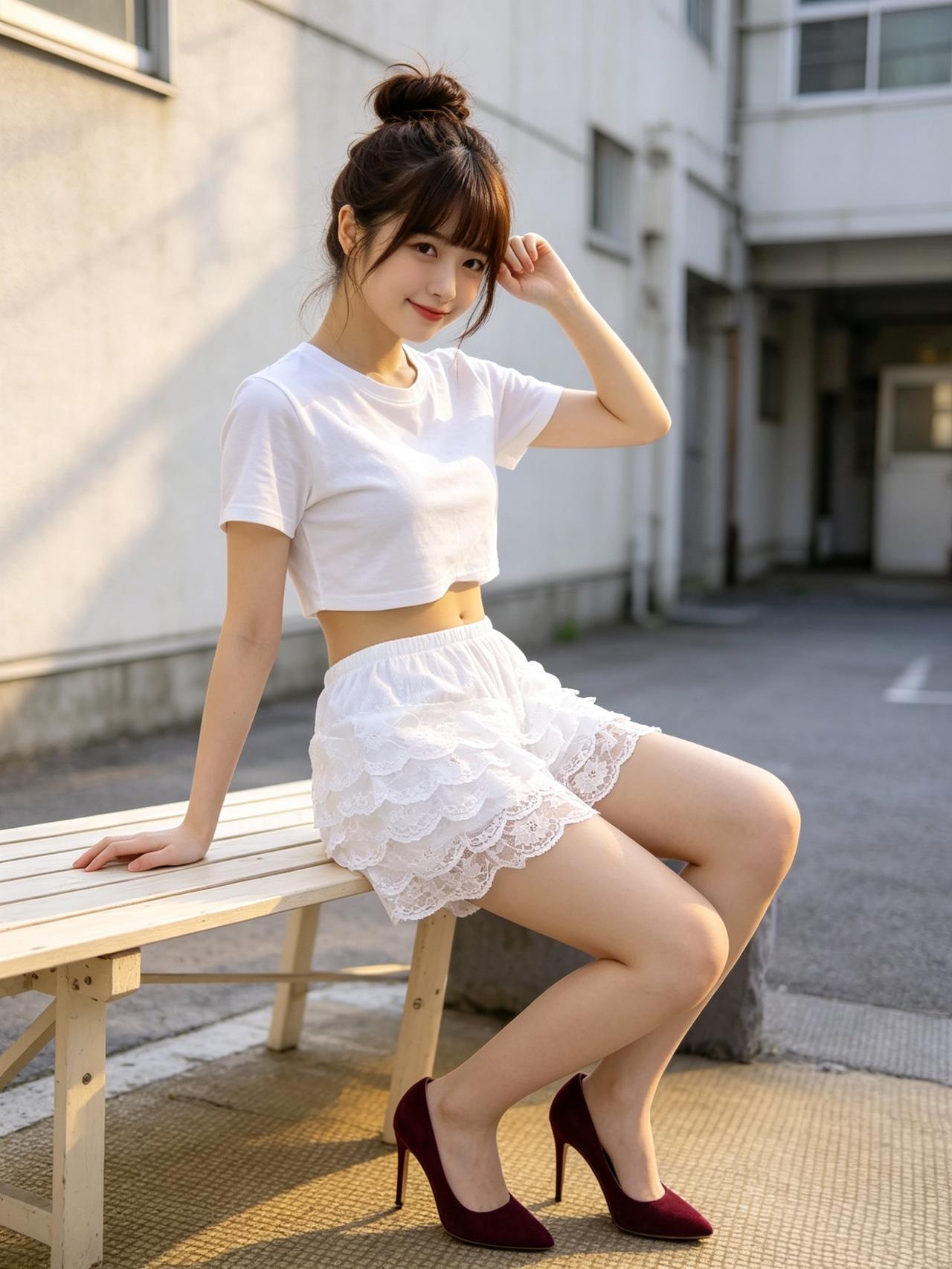 甜美少女风，白色T恤+蕾丝短裙，搭配高跟鞋，阳光下的青春气息女生怎么穿搭会看上