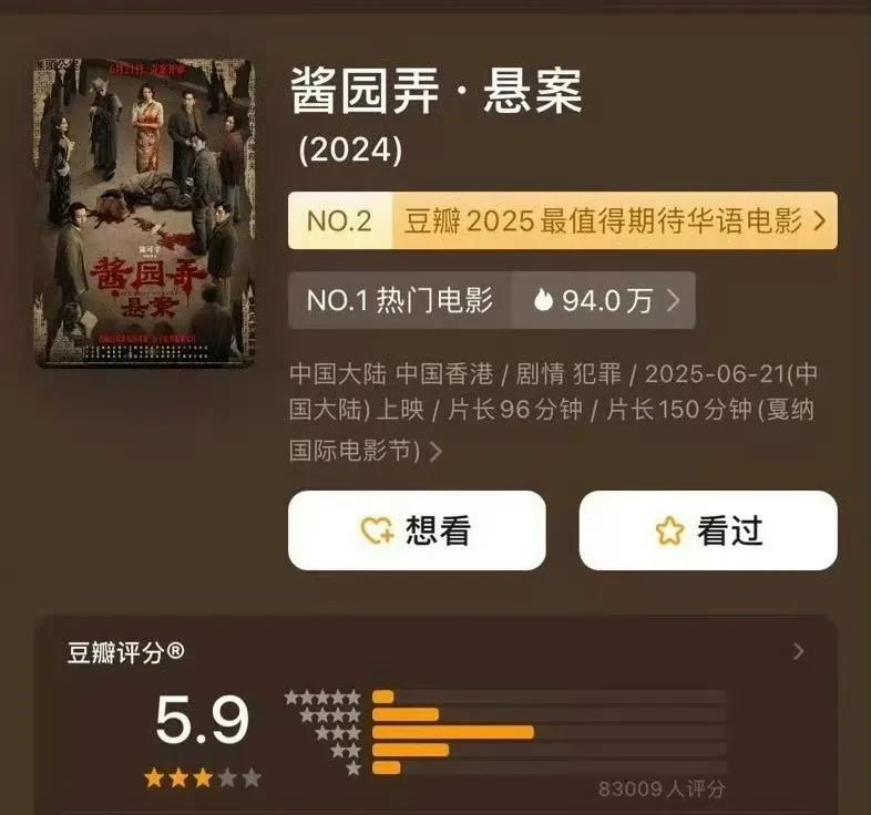 陈可辛遭遇事业滑铁卢《酱园弄》豆瓣开分仅有5.9分，是陈可辛从影以来所有