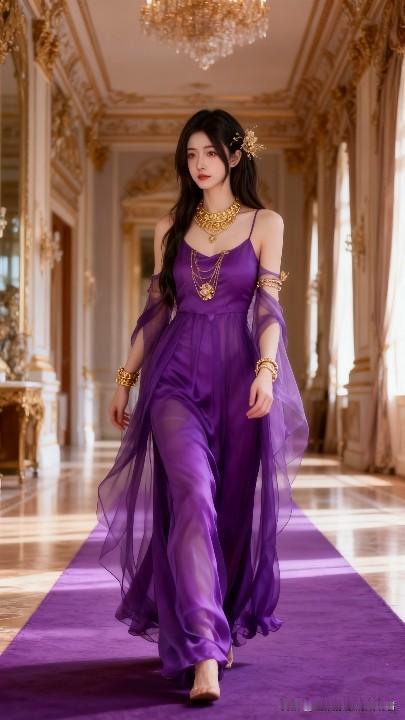 紫色长裙，宫廷风，优雅气质，金饰点缀，梦幻奢华。紫色晚礼服