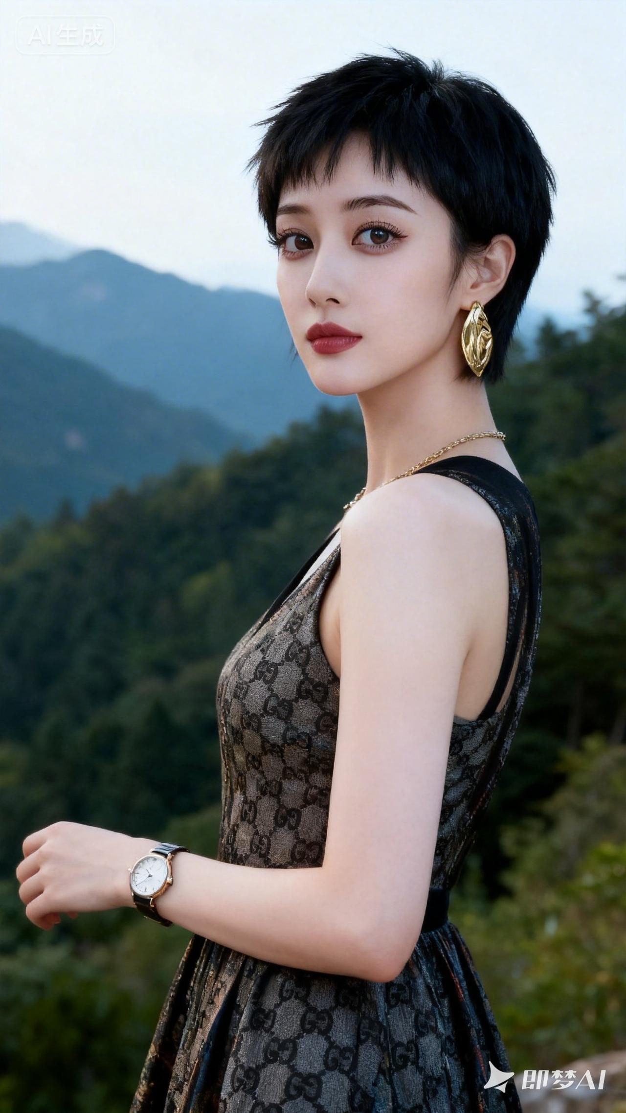 优雅黑发女郎，山间时尚穿搭