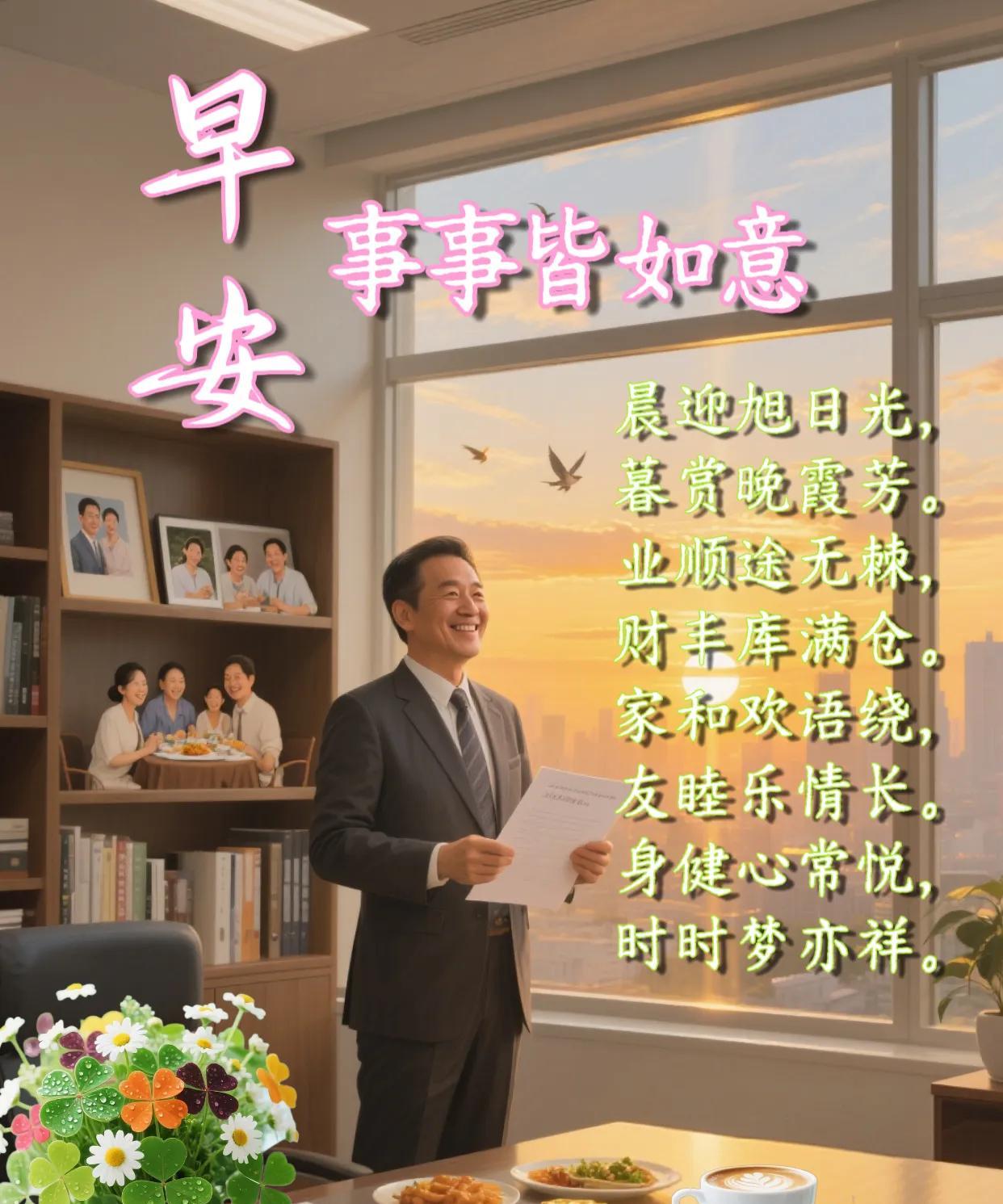 朋友：早安！《事事皆如意》晨迎旭日光，暮赏晚霞芳。业顺途无棘，财丰库满仓。