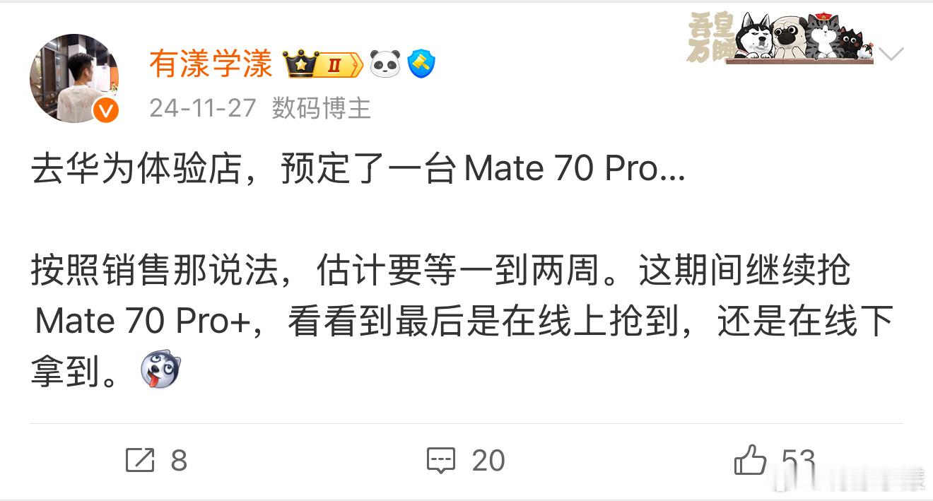 去年十一月底交的定金，今天跟我说，有个Mate70Pro+白色的，问我行不行