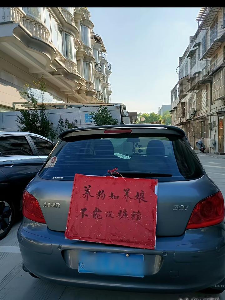 今天早上在小区看到一辆私家车车尾挂着一块红纸牌。上面有两行大字:养狗如养娘，