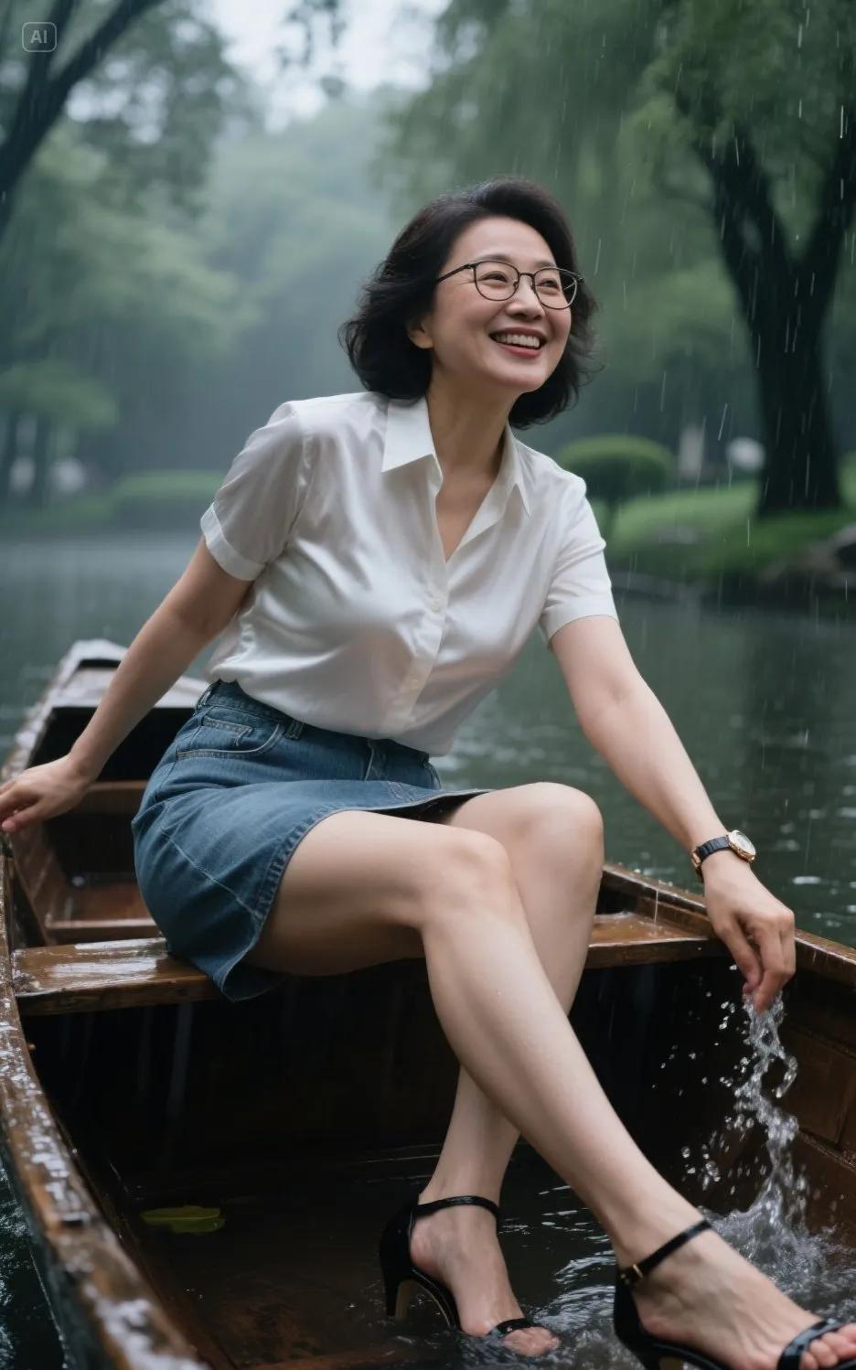 雨中泛舟，笑靥如花
