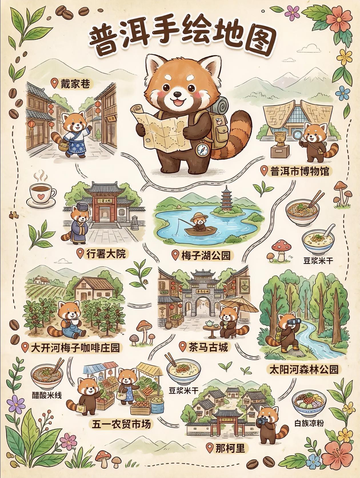 手绘版～普洱旅游地图！