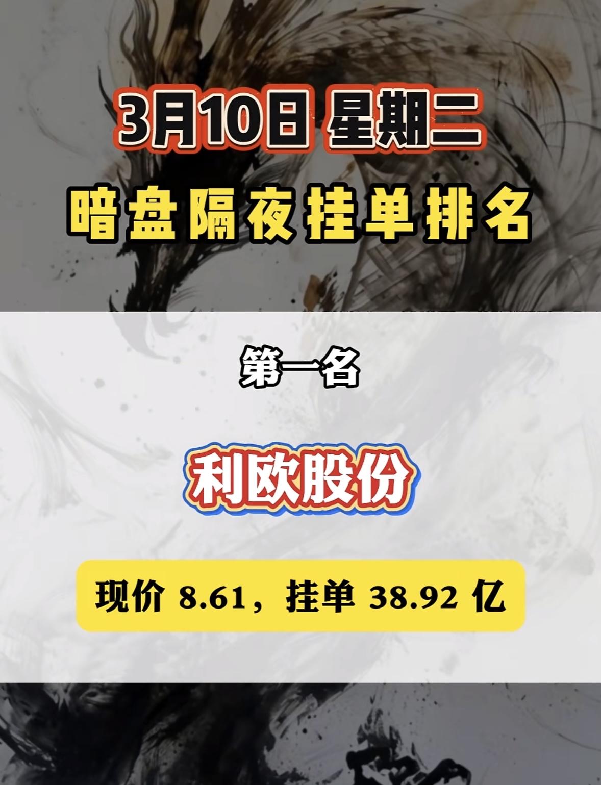 3月10日暗盘隔夜挂单前8名个股梳理3月10日暗盘隔夜挂单前8名个股情况很值