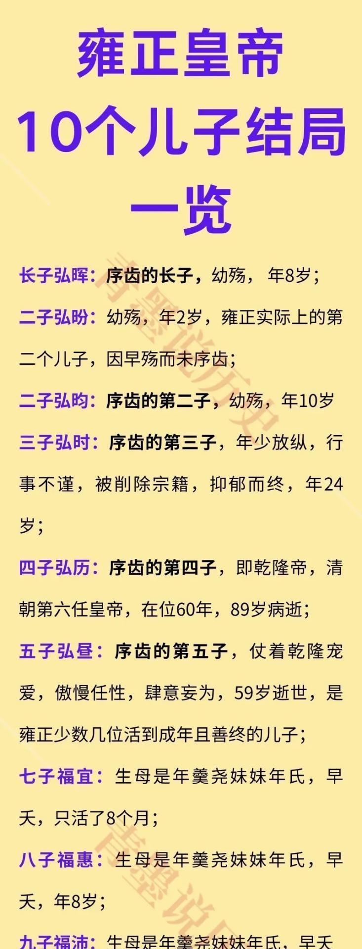 雍正的10个儿子结局一览！雍正一生共有10个儿子，其中6个早夭，没能活到成年。雍
