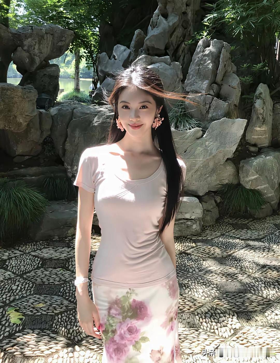夏日清凉穿搭，粉色连衣裙在绿意盎然中绽放！🌿💕