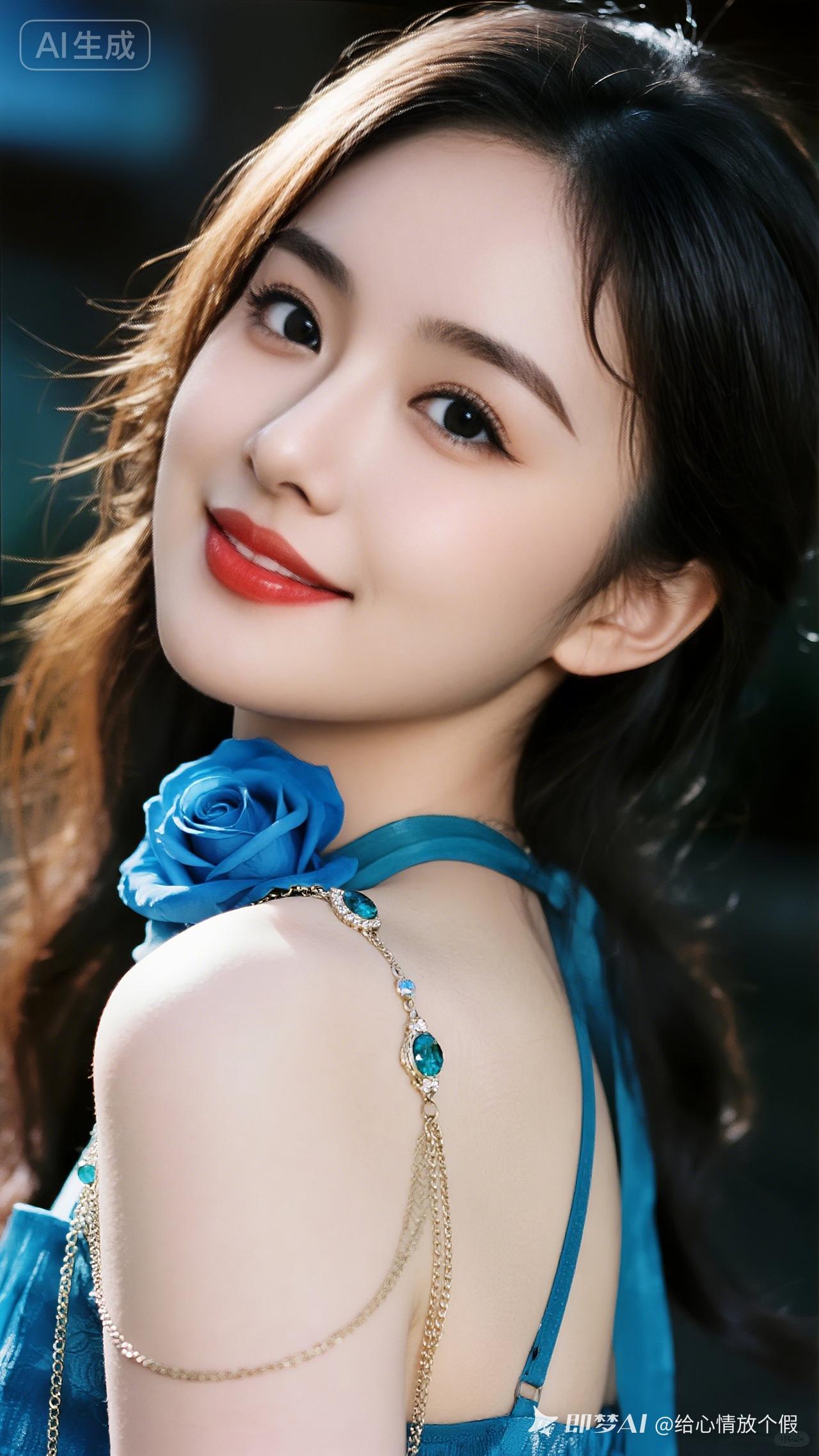 绝色大眼美女，回眸一笑倾国倾城，发丝飘逸，眼神锐利，脸颊红润。身着宝石蓝古风服饰