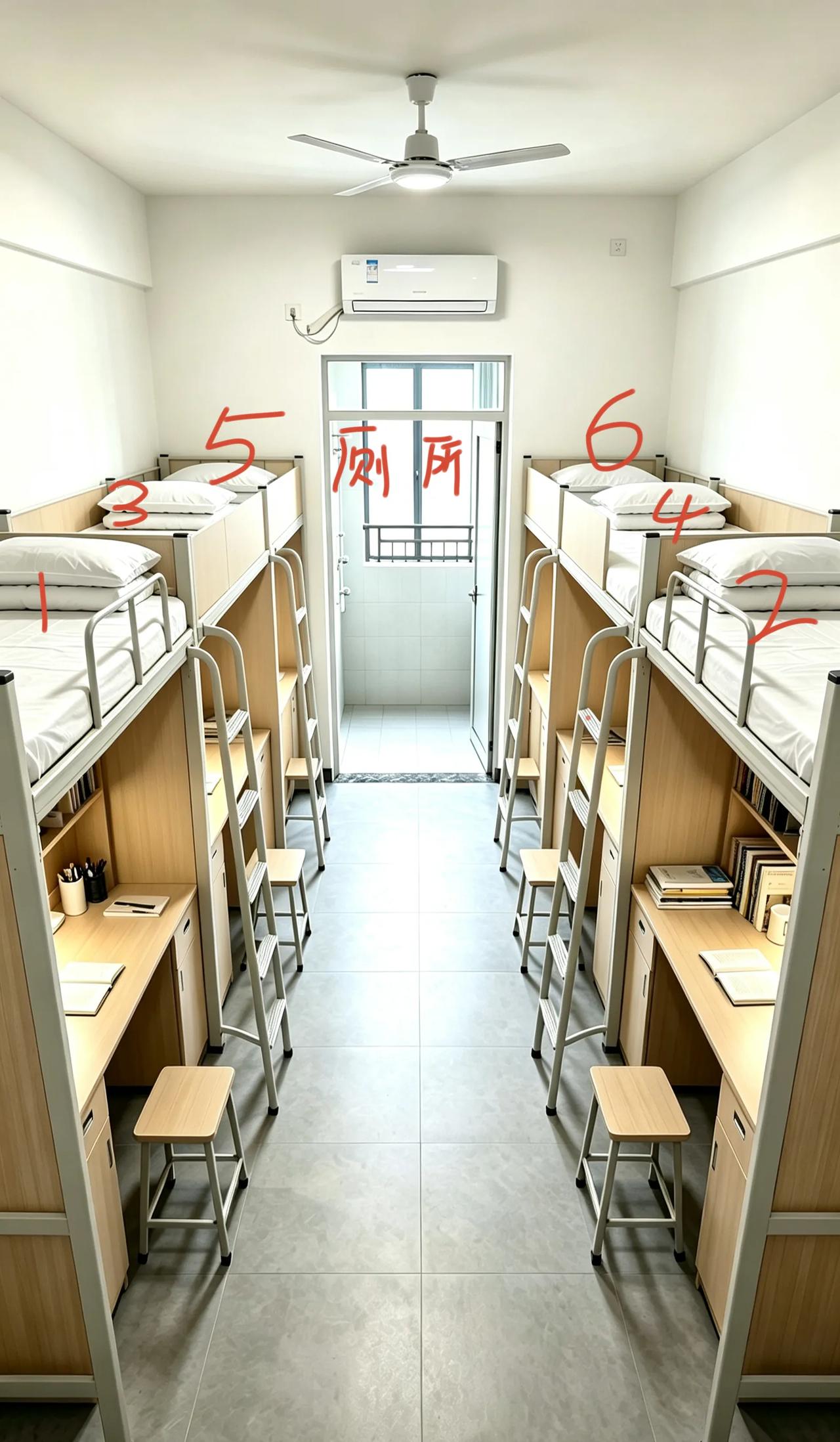 6人宿舍，哪个床铺比较好？要是以前，我会特别喜欢5和6，你呢？