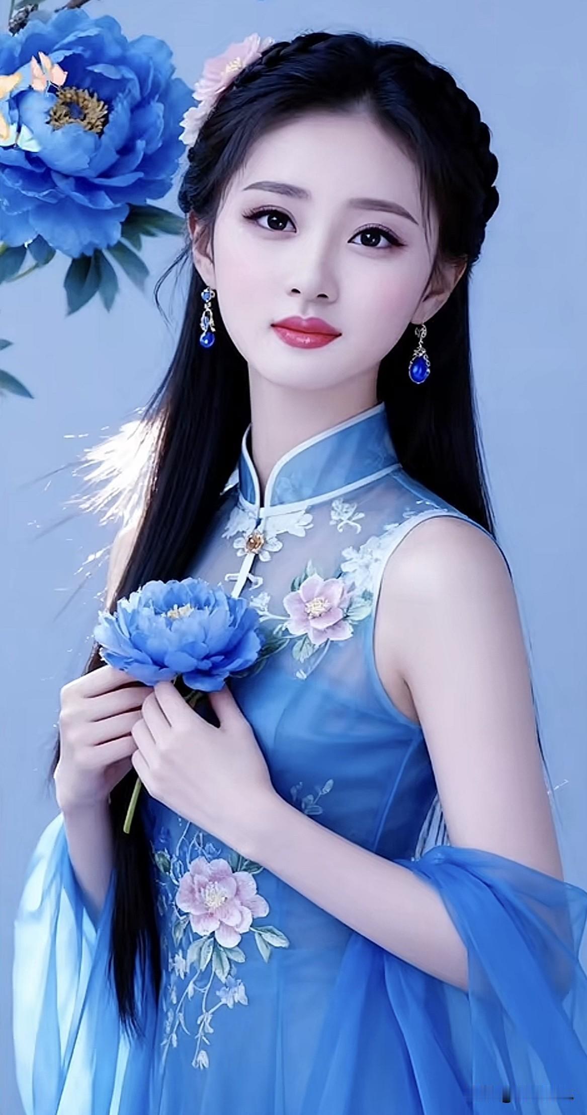 蓝衣美人捧花笑，春风拂面意自闲。淡雅蓝裙照气质红妆女子绿裳春景照紫衣佳人写