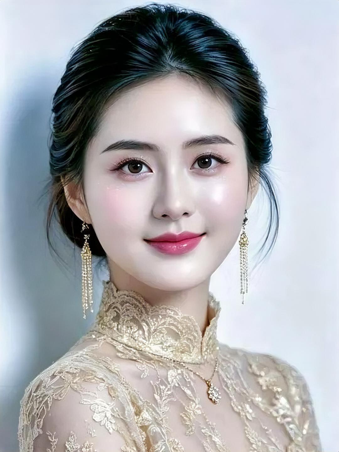 云鬓轻拢，蕾丝在颈间开花，金线绣着温润的晨光。流苏耳坠摇落细碎星子，