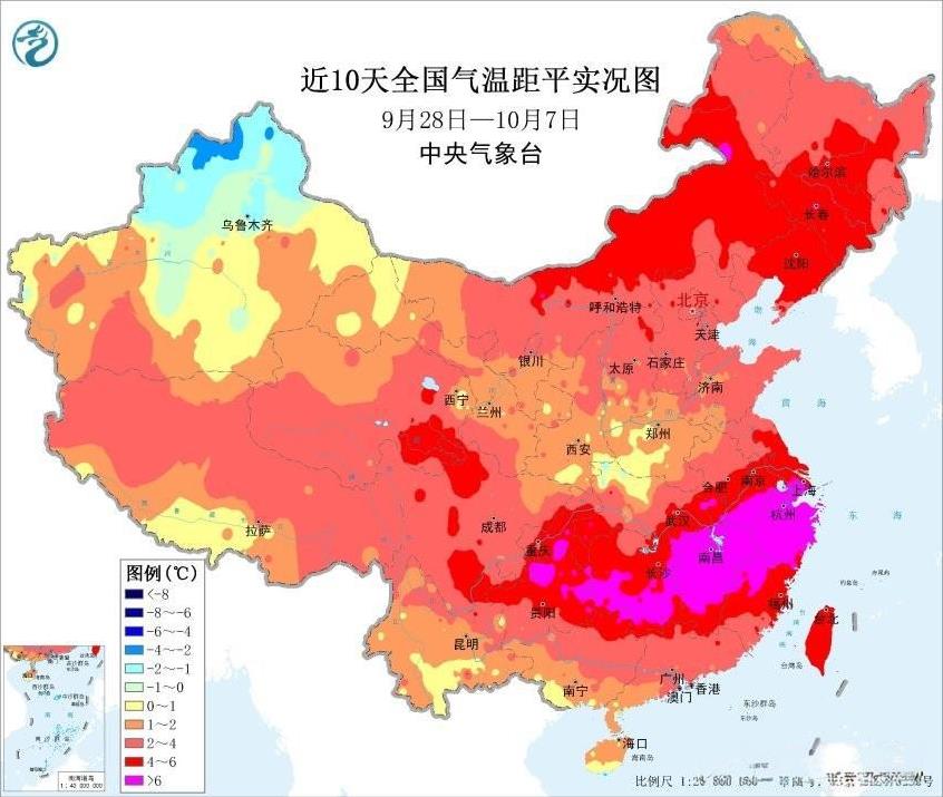 受异常偏强的副热带高压影响，9月下旬以来我国南方地区的气温大幅偏高，尤其是江南地