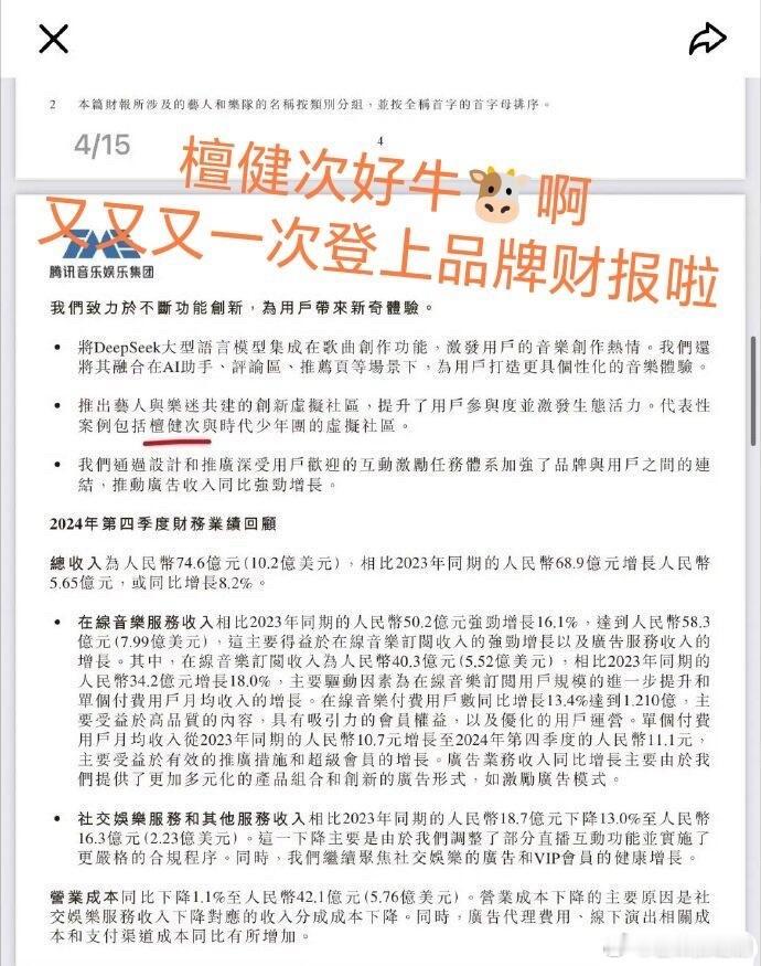 檀健次登上Q音第四季度财报，作为代言人，音乐装扮使用人数15w+，檀丝氪金超44